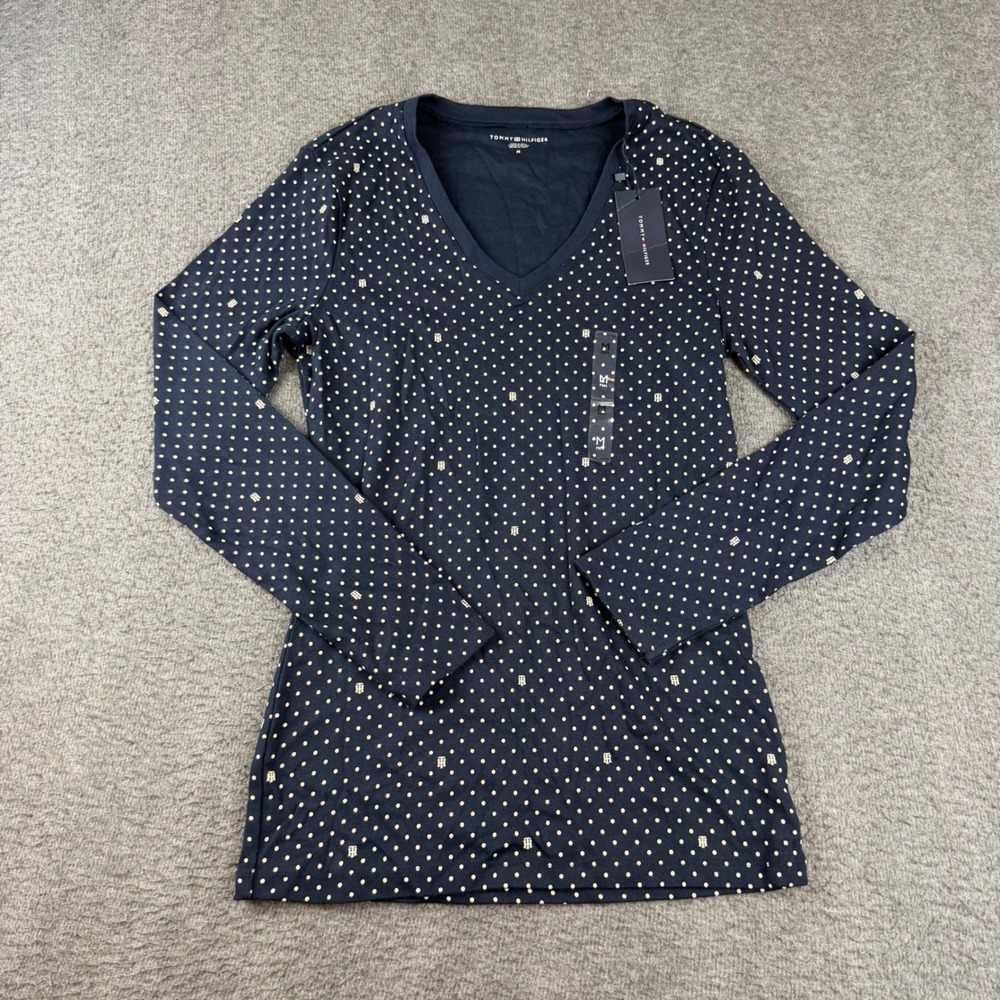 Tommy Hilfiger V-Neck Top Women's Medium Navy Polka Dot Long Sleeve 76J1972 410